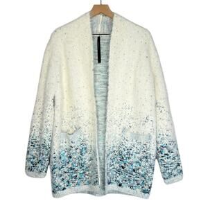 Renee C. Fuzzy Knit Cardigan Sweater L White Ombre Speckled Soft Warm Luxury